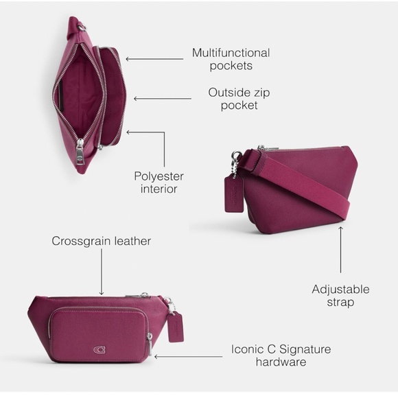 COACH Belt Bag in Crossgrain Leather, DEEP Plum - Picture 13 of 14